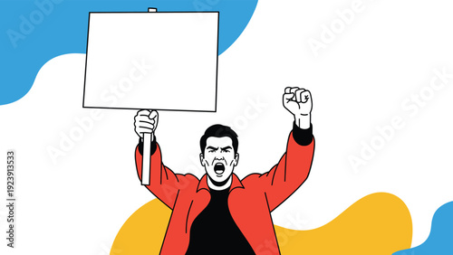 Determined man in a red jacket shouts and holds a blank white sign during a public protest or demonstration.