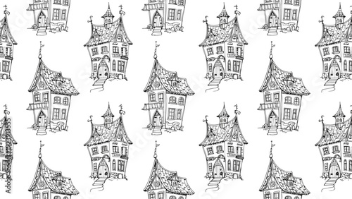 Seamless pattern featuring a series of intricately detailed, hand-drawn European style fantasy houses in black and white.