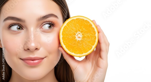 Close-up portrait of young woman holding fresh orange slice near eye, vitamin C skincare and natural beauty concept with glowing skin.