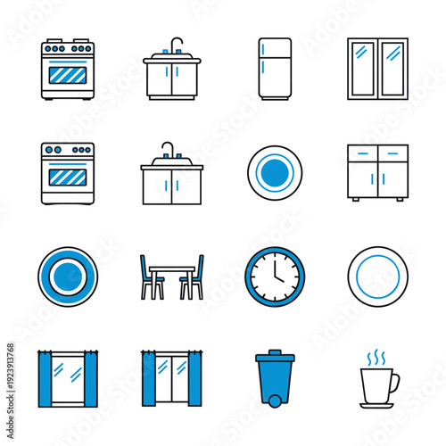 Collection of kitchen and home interior flat design icons with blue accents