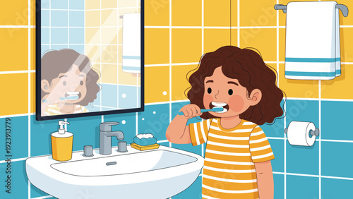 Little girl with curly hair brushing her teeth in front of a mirror in a colorful tiled bathroom, during her morning routine.