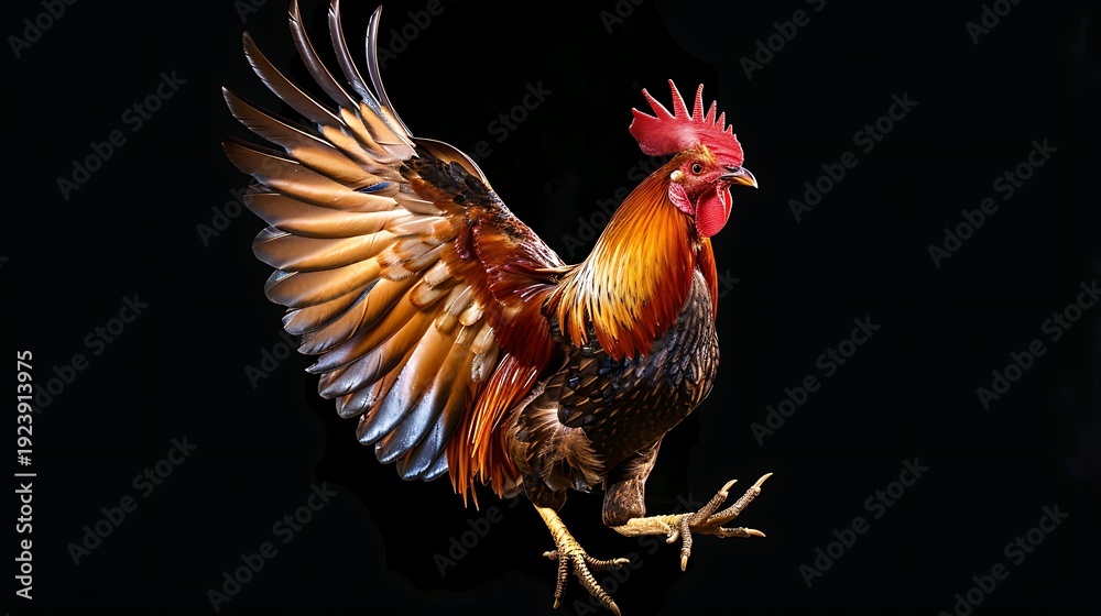 Fototapeta premium Vibrant rooster jumping, dynamic digital illustration