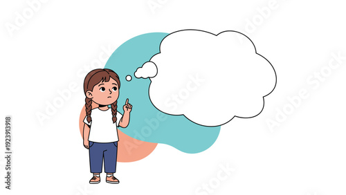 Little girl looking thoughtful and pointing up with a large blank thought bubble above her head on a soft abstract background.
