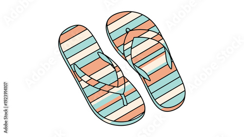 Top-down view of a pair of beach flip-flops with a colorful horizontal stripe pattern in peach, teal, and white against a white background.