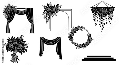 Wedding Decoration Elements Clipart: Floral Arch, Drapes, Bouquet, Wreath, Chandelier, Stage