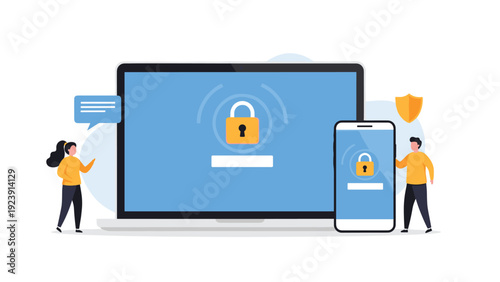 Cybersecurity concept featuring a laptop and smartphone with padlock icons on their screens and two people representing data protection.