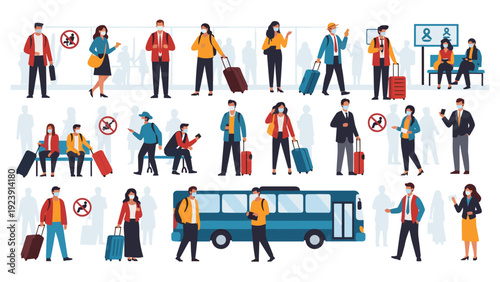 Busy scene of travelers with suitcases and backpacks waiting for a bus and walking in a transit hub during the pandemic with face masks.
