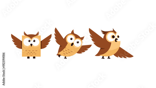 Set of three adorable cartoon owls in various shapes including a square owl, a round owl, and a flapping owl on a white background.
