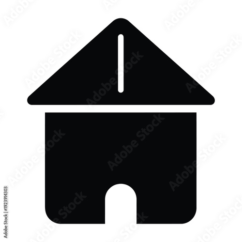 Simple black silhouette of a house with a prominent triangular roof and a rounded doorway representing home shelter dwelling and real estate concepts on a clean white background conveying a sense