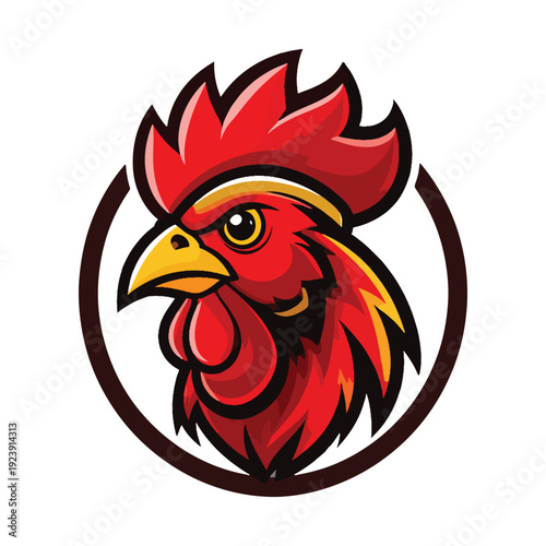 Bold, stylized rooster head emblem with a fierce expression, vibrant red plumage and golden accents, framed in a circular border, perfect for a farm or culinary brand.