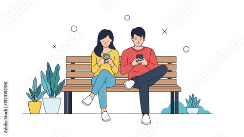 Young man and woman sit together on a wooden park bench while distracted by their smartphones instead of talking to each other.