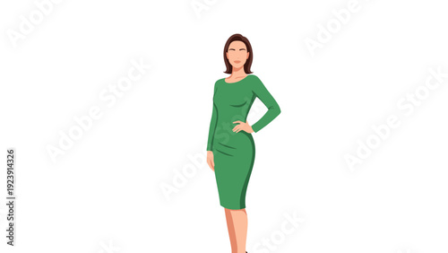 Elegant young woman in a stylish green midi dress poses confidently with one hand on her hip on a clean white background.