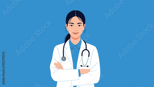 Confident female physician in a white lab coat stands with her arms crossed against a solid blue background for medical services.