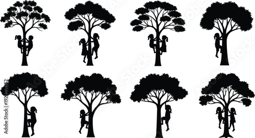 Black vector silhouette set of diverse children climbing tall leafy trees for outdoor play nature exploration childhood adventure and summer camp activity branding