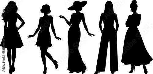 Elegant women silhouettes set, female fashion models poses, black vector illustration isolated stylish ladies on white background