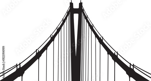 Silhouette of a suspension bridge against a white background