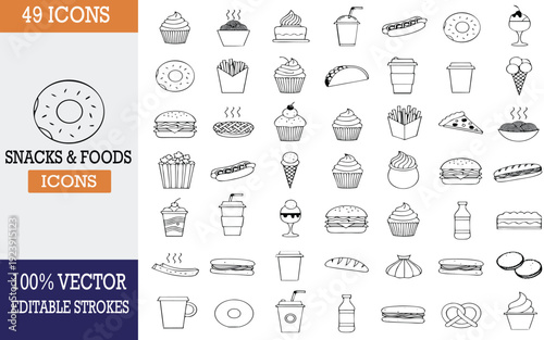 Snacks and Foods Icon Set with 49 Editable Vector Graphics Featuring Various Desserts, Fast Food, and Beverages in Outline Style