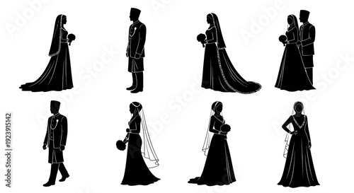 Traditional Malay Wedding Silhouettes. Bride and Groom in Cultural Attire. Muslim Wedding Couple Vector Icons with Hijab and Veil.