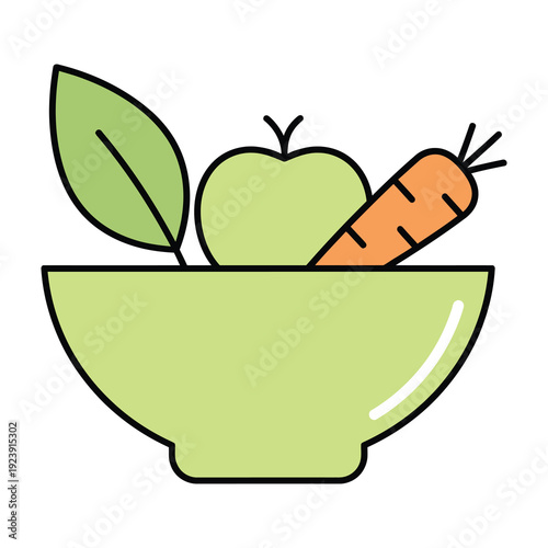 Vibrant green bowl overflowing with fresh healthy ingredients including a crisp apple a leafy green and a bright orange carrot symbolizing wholesome nutrition and natural goodness clean simple