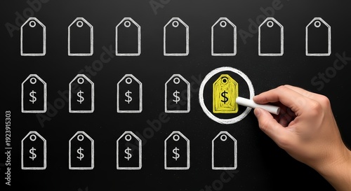 Businessman highlights best value option with yellow price tag