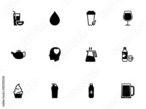 Set of 12 Black Icons Representing Beverages, Hydration, and Emotional Well being