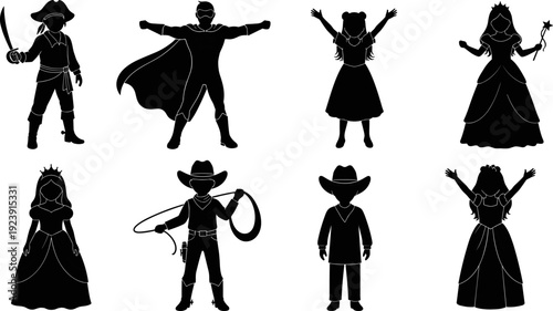 Kids costume silhouettes set, children dressed pirate superhero princess cowboy characters isolated vector illustration for Halloween party dress up design