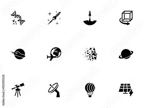 Set of 12 black icons for Science, Space Exploration, and Logistics Technology