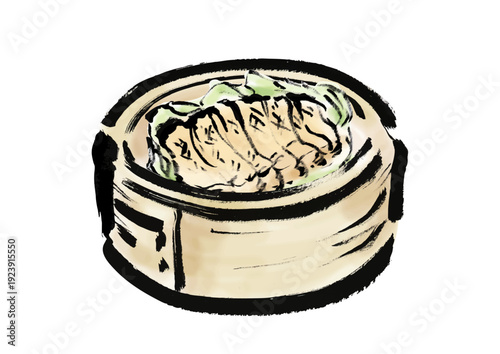蒸篭に入った鶏肉料理の和風筆イラスト素材
