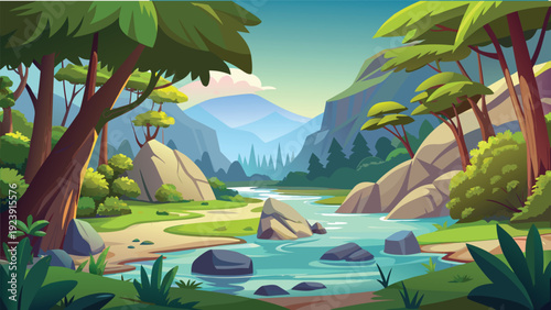 A vibrant cartoon style jungle landscape featuring a winding river and towering mountains high quality professional