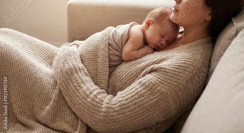 Newborn Asleep on Mother’s Chest in Cozy Knit Blanket at Home