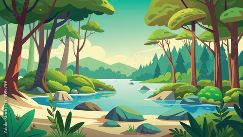 A vibrant stylized illustration depicts a serene river flowing through a lush forest landscape high quality