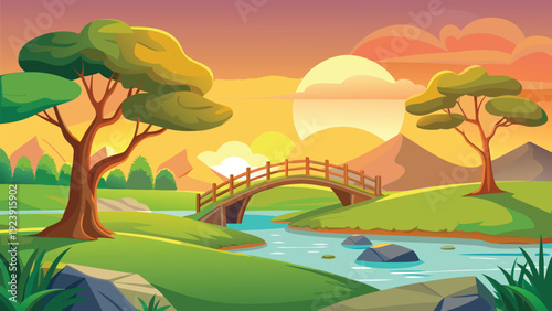 A vibrant cartoon landscape depicts a wooden bridge over a stream at sunset high quality professional