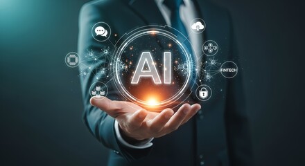 Businessman holding AI technology interface with fintech icons