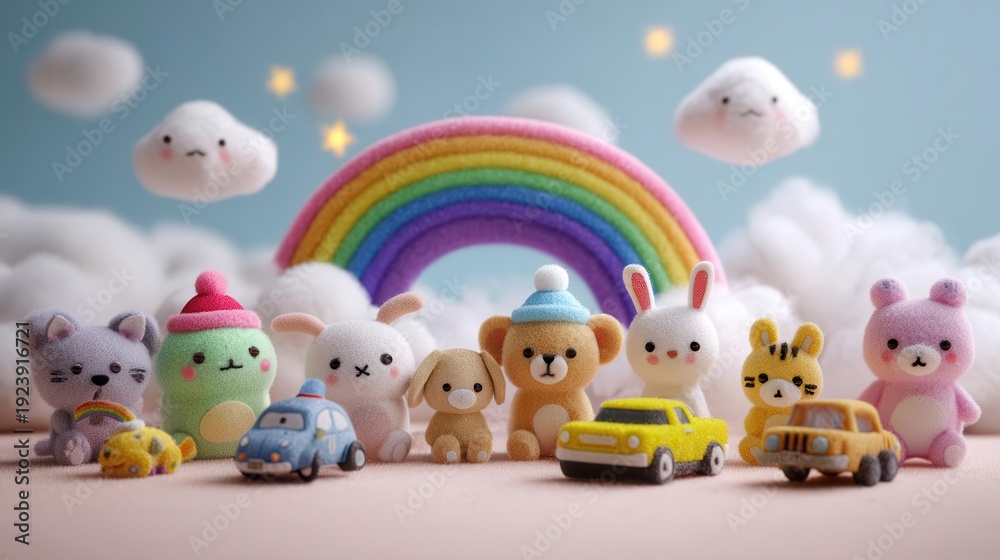 Fototapeta premium Cute Plush Animals and Cars with Rainbow and Clouds