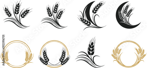Wheat logo icon set. Black and golden cereal ear emblems with wreath and crescent shapes. Agriculture brand symbols isolated on transparent background.