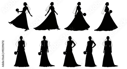 Wedding Bride Silhouettes Collection. Elegant bridal gowns with veils and bouquets in diverse poses. Black vector art for marriage, fashion, and event design.