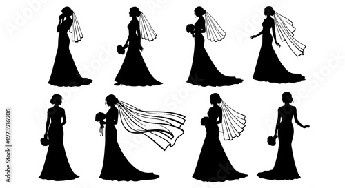 Elegant Wedding Brides Silhouette Vector Set. Collection of Diverse Bridal Gowns, Veils, and Bouquets for Marriage, Love, and Celebration Designs.