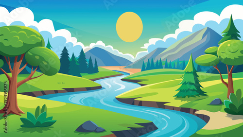 A vibrant cartoon landscape featuring a winding river mountains and a bright yellow sun high quality