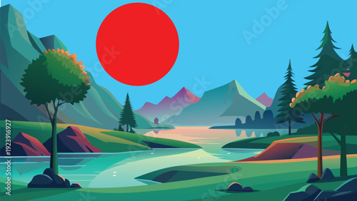 A vibrant landscape illustration featuring a large red sun over mountains and a winding river