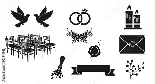 Wedding and Celebration Icons Set. Black silhouette glyphs featuring doves, rings, ceremony chairs, candles, envelope, and floral elements for events.