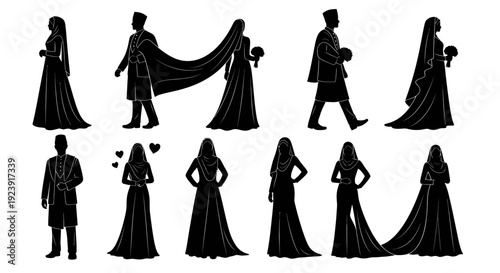 Traditional Wedding and Cultural Attire: Black and White Silhouette Vector Set of Malay Muslim Couples, Brides, and Grooms.