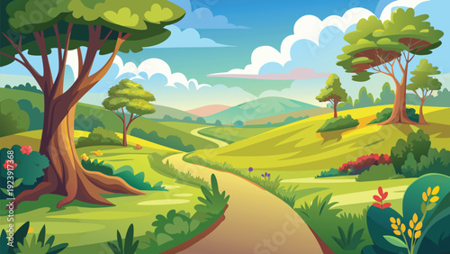 A winding path leads through a vibrant cartoon style landscape with lush trees and rolling hills