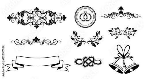 Elegant Black and White Wedding Ornaments and Symbols: Rings, Bells, Banners, Flourishes