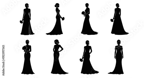 Wedding Brides and Women in Elegant Bridal Gowns with Bouquets Black and White Silhouette Vector Set