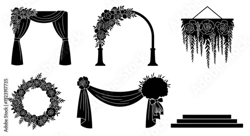 Black and White Glyph Vector Wedding and Event Decoration Elements Set. Floral Arches, Wreath, Swag, Chandelier, and Stage Silhouettes.