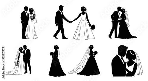 Elegant Black and White Wedding Couple Silhouettes Vector Art Set - Bride and Groom for Marriage, Love, and Celebration Designs