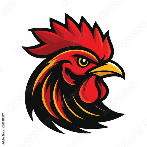 Bold, stylized profile of a vibrant red rooster head with fiery yellow accents, featuring fierce eyes and a sharp beak, presented in a graphic, modern art style.