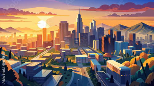 Very beautiful aerial sunrise over Los Angeles city revealing expansive neighborhoods, shining skyscrapers, and soft morning light spreading across the diverse California urban landscape.
