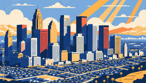 Very beautiful aerial sunrise over Los Angeles city revealing expansive neighborhoods, shining skyscrapers, and soft morning light spreading across the diverse California urban landscape.
