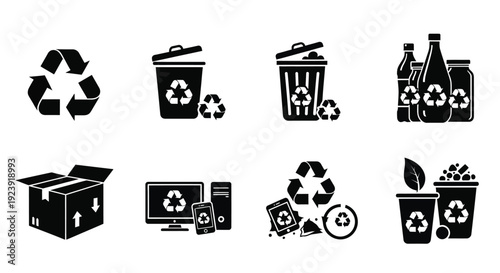 Black and white recycling icons depicting waste management and environmental concepts